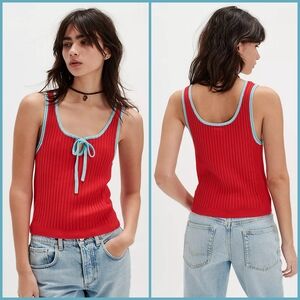 NEW Free People All Star Sweater Tank Red Ribbed Tank with Blue Accents Size S